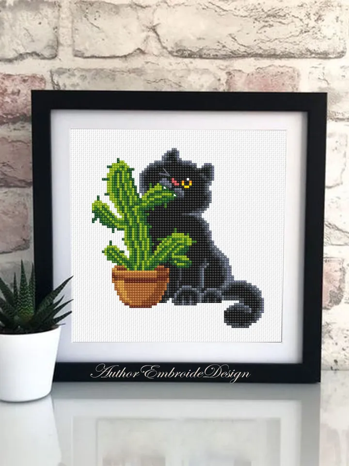 Black cat and cactus cross stitch pattern PDF download Funny cat cross stitch chart, Cactus pattern digital PDF, Plant lover gift #K47