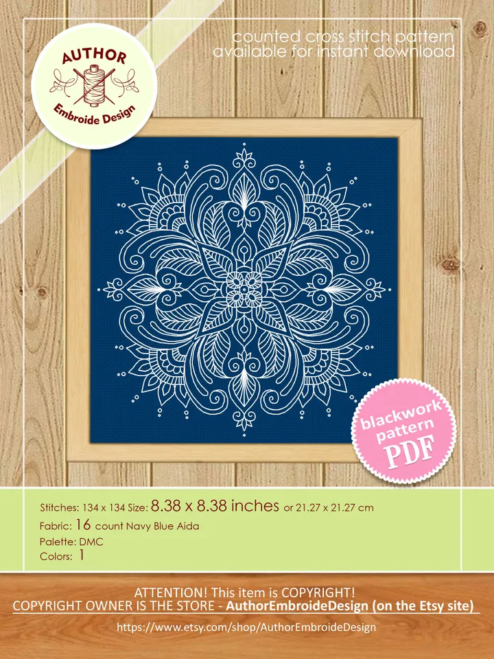 Floral mandala blackwork pattern PDF Blackwork mandala embroidery download PDF, Backstitch chart Mandala ornament, Blackwork embroidery #W30