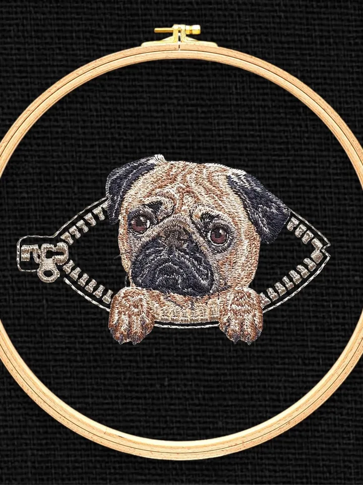 Pug in a zipper pocket Miniature realistic machine embroidery design Pet dog realistic pattern puppy embroidery motif