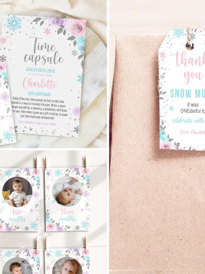 Winter Onederland Birthday Girl Decorations, Winter Onederland Birthday Party Package Bundle, Pink Blue Snowflakes Editable Template i098