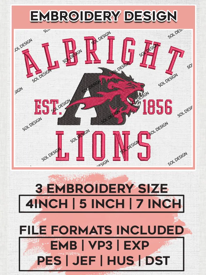 Albright Lions College Team Est 1856 Logo Embroidery Design Files, NCAA Albright Lions Machine Embroidery, NCAA Teams, 3 sizes, NCAA Machine embroidery designs, Digital Download