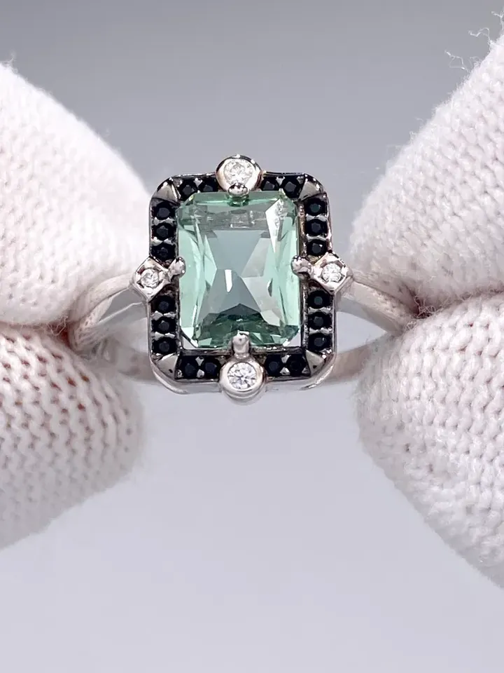 Women's ring silver 925 jewelry with prasiolite, crystal and cubic zirconia