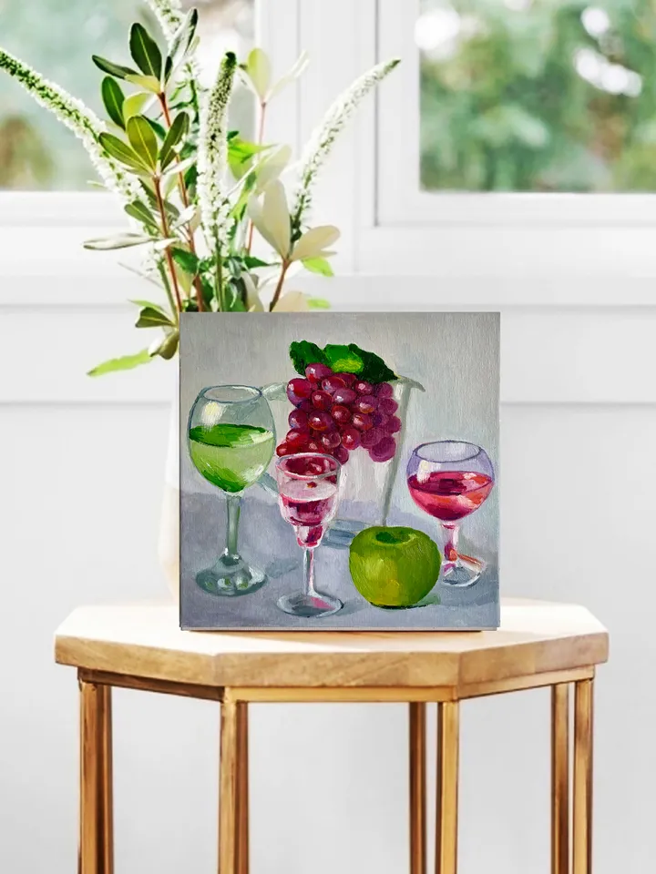 Wine Glass Painting, Original Oil Painting on Canvas, Fruit Still Life Painting