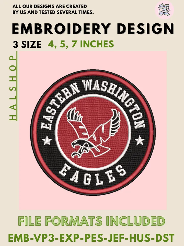 NCAA Eastern Washington Eagles Round Logo Embroidery, NCAA Eastern Washington Eagles Logo Embroidery Files, NCAA Teams, Machine Embroidery Designs, Digital Download