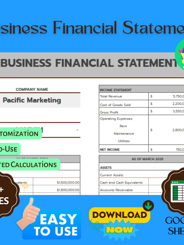 Business Financial Statement Template, Editable Google Sheets, Digital Download for Income, Expense, and Profit Tracking