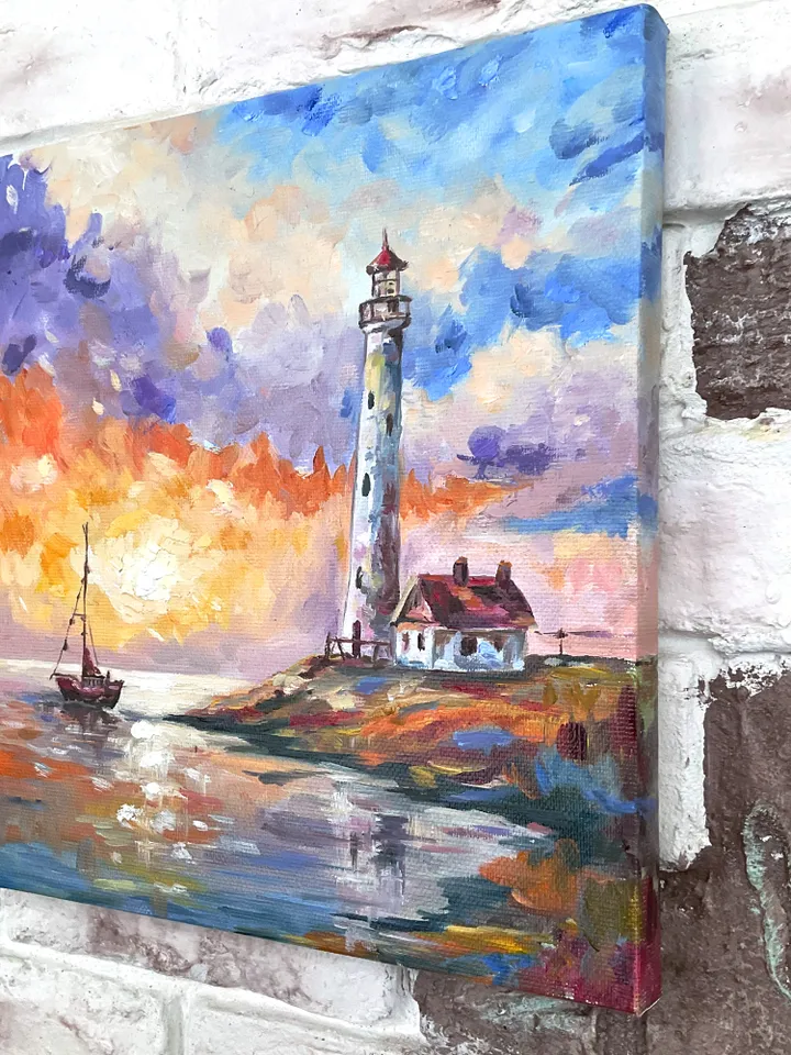 Lighthouse at Sunset โ Original Oil Painting, 12x12 Inches, Coastal Wall Art, Nautical Seascape, Ocean Home Decor
