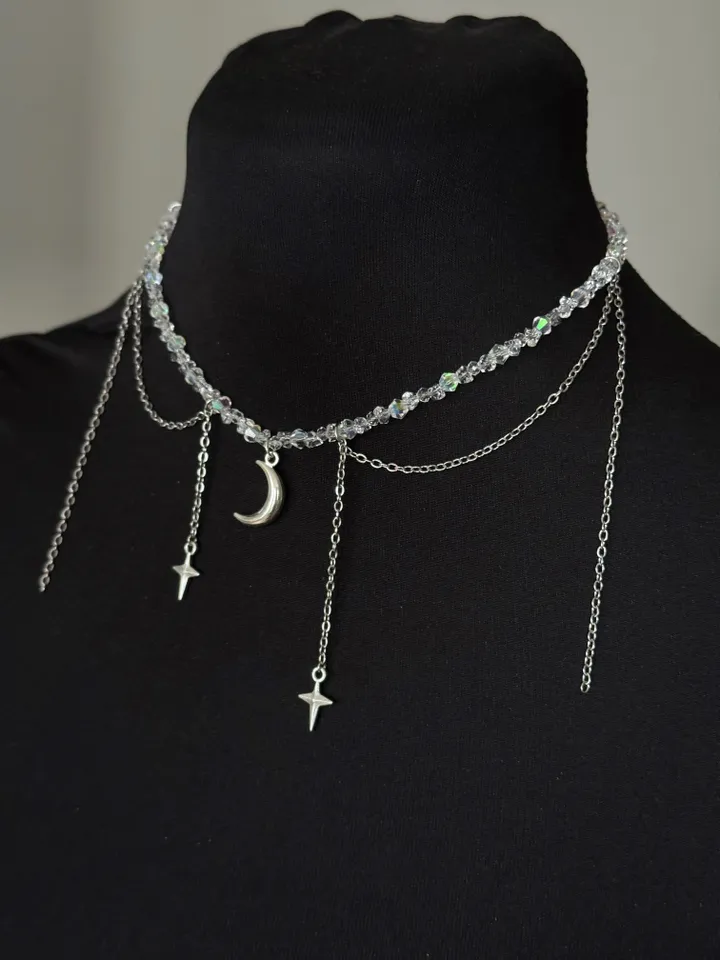 Chain necklace, Choker with a chain and a moon pendant, a necklace with a crescent moon, Silver Choker, Layer Link necklace, Multi Strand necklace