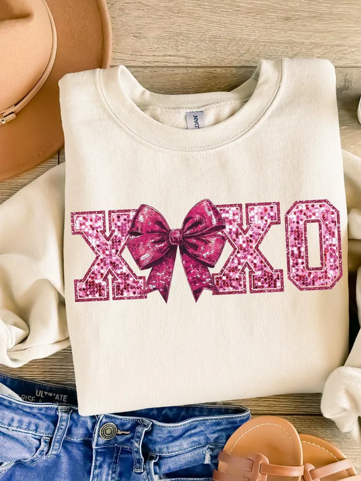 Coquette Bow XOXO Faux Sequin PNG Disco Ball Valentine, Valentines Day Png, love png, Retro Valentines Png, Coquette Trendy Valentines Png