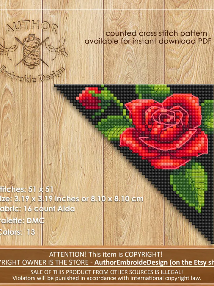 Corner bookmark red rose cross stitch pattern PDF download Red flowers cross stitch chart, Floral bookmark corner digital PDF #B216