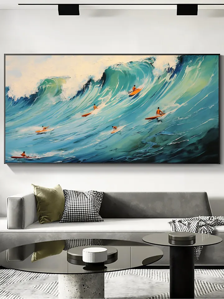 Original Surf Painting on Canvas, Custom Painting, Large Wall Art Personalized Gift, Blue Ocean Waves Nature Scenery Art, Bedroom Wall Decor