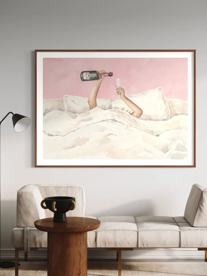 Pink Champagne Bottle Watercolor Illustration Wall Art Print, Feminine Art, Bar Decor, Cocktail Poster, Preppy Bar Cart, Apartment Decor