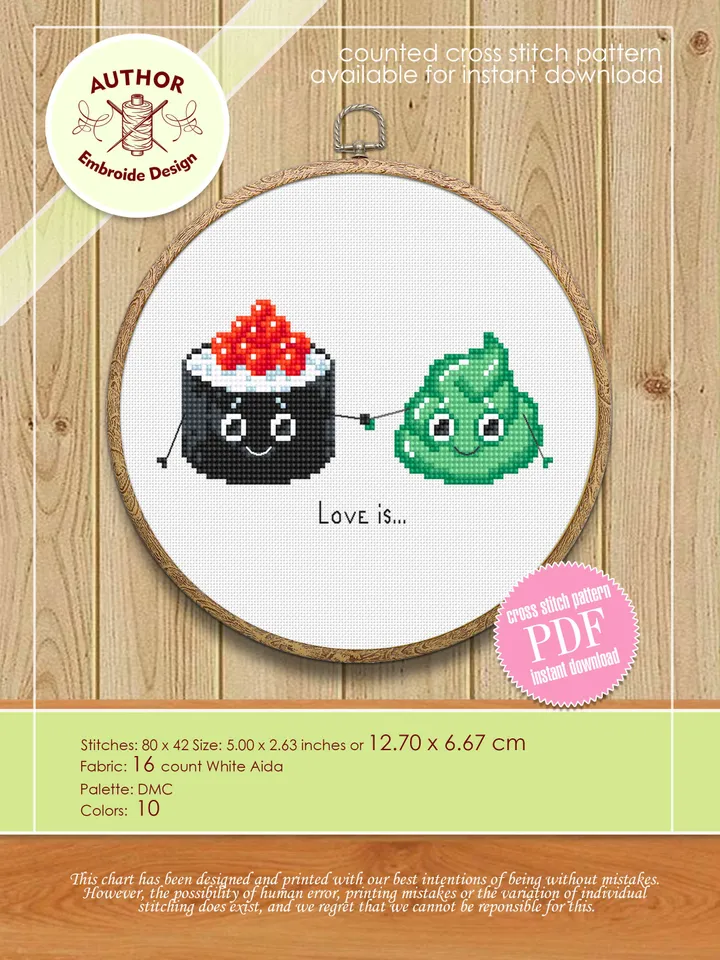 Sushi kawaii food cross stitch pattern PDF download Funny sushi cross stitch chart, Simple cross stitch for beginners, Sushi lover gift #F5