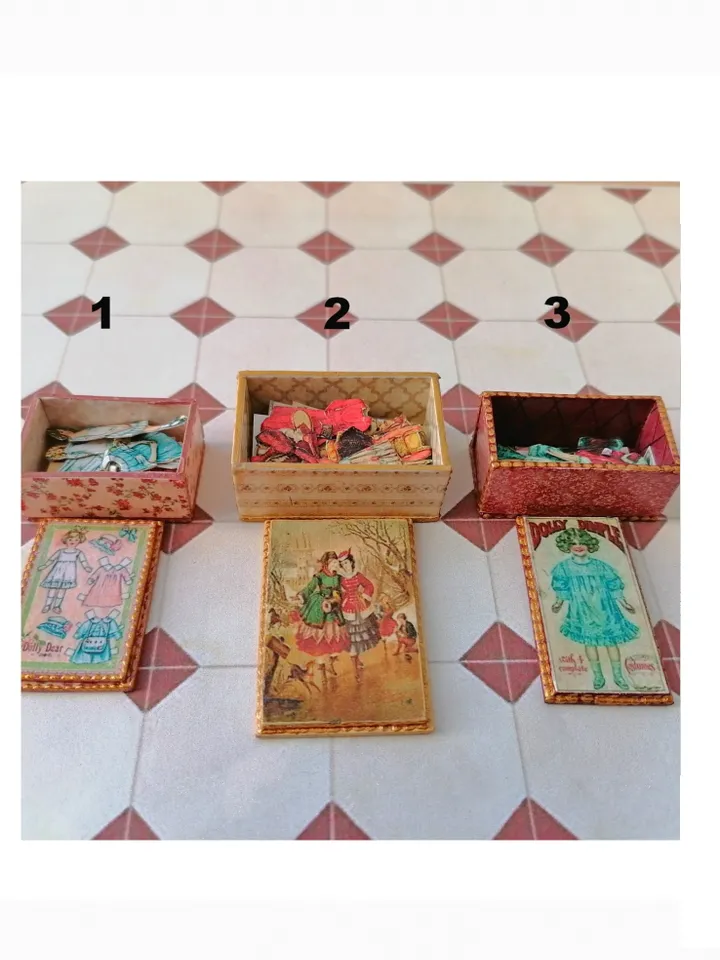 Boxes with paper dolls and accessories for dollhouse 1:12. Handmade.