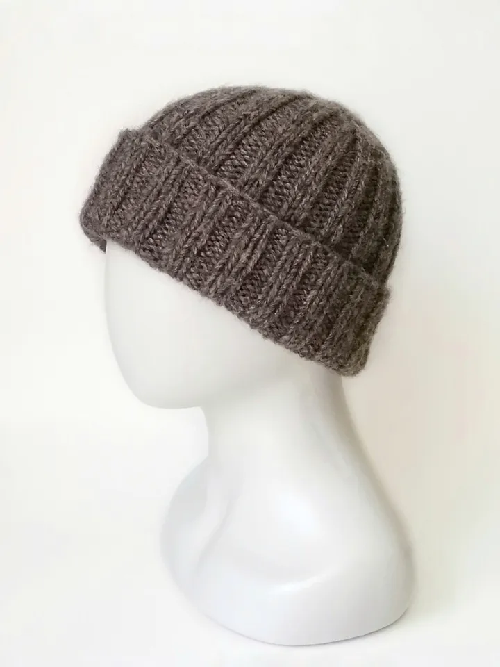 Cozy Men's Alpaca Wool Winter Beanie: Hand-Knitted Brown Hat. Warm Men's Beanie with Folded Brim: Handcrafted Ribbed Cap. FREE SHIPPING!