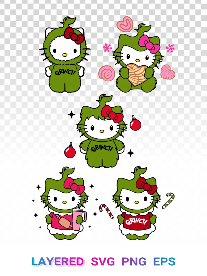 Hello Kitty Grinch SVG, Sanrio Christmas PNG, Cute Cricut