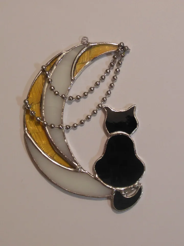 Black Cat On Moon with Chains . Art stained glass hanging Suncatcher . Gift for animal lover , pet loss memorial . White , yellow , black