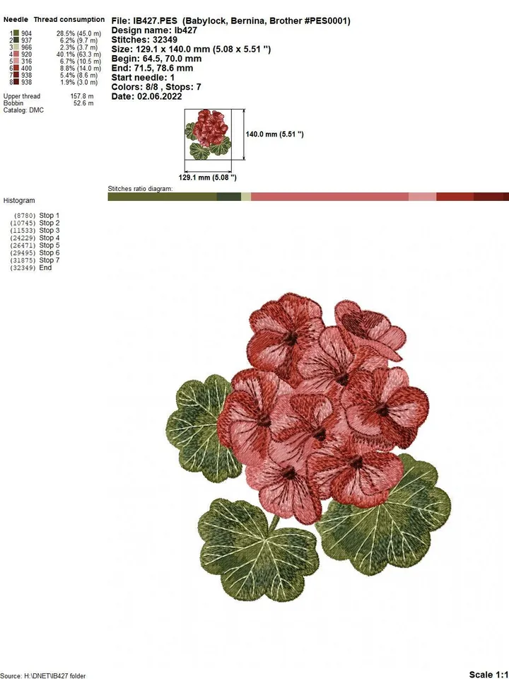 Geranium with 3D elements Floral pattern Flower machine embroidery design 3Dfloral motif 3Dflowers digital embroidery pattern clothing decor