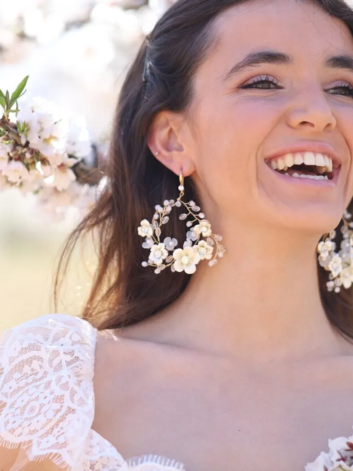 Porcelain Flowers Hoop Bridal Earrings, Champagne Gold Floral Wedding Jewelry, Statement Crystal Bridal Earrings, Statement Wedding Earrings