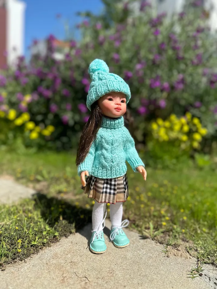 Paola Reina Doll 5 ITEMS Set: Exclusive Handmade Outfit - Sweater, Skirt, Tights, Shoes, Hat with braid