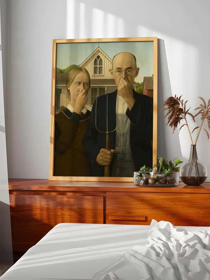 Funny American Gothic Bathroom Art Print Poster Altered Vintage Surreal Eclectic Prank Gift Maximalist Wall Decor Humor Digital Download