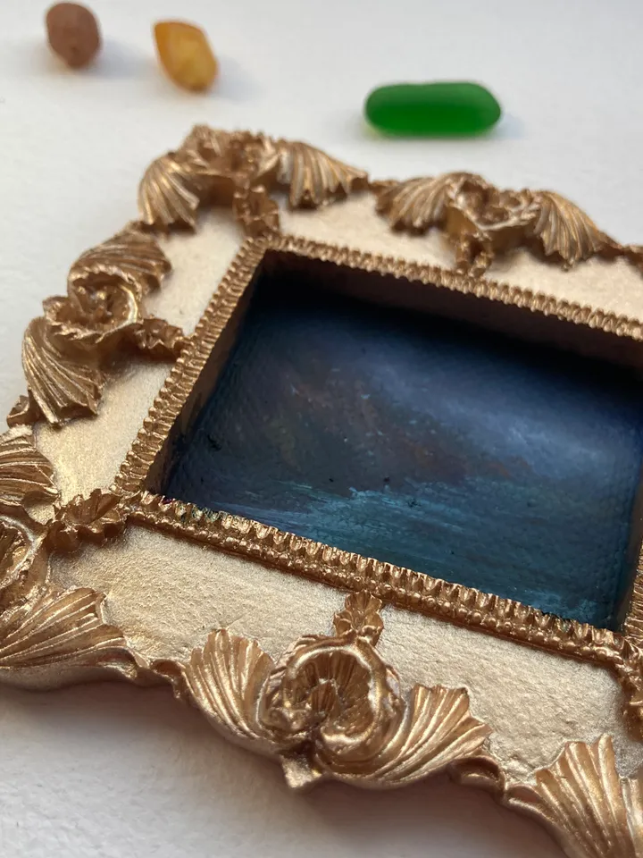Small Landscape Oil Painting Framed Original Coast Painting Antique Ocean Art Gold Frame Tiny Paintings 3 x 4 Art