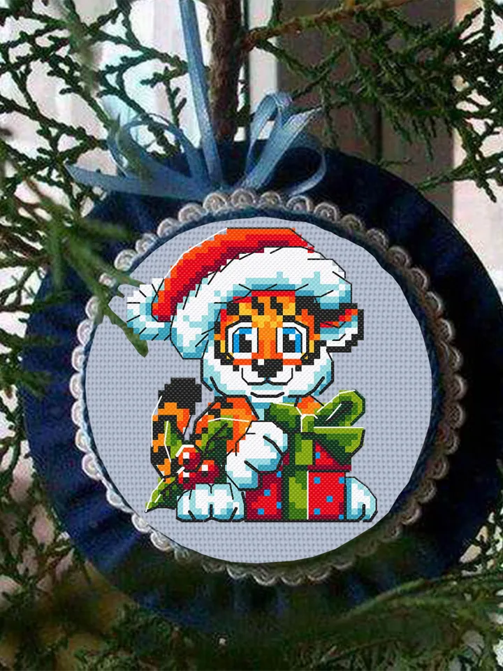 Cute Christmas tiger cross stitch pattern download PDF Small Christmas pattern digital Quick cross stitch chart Baby animal embroidery #N28