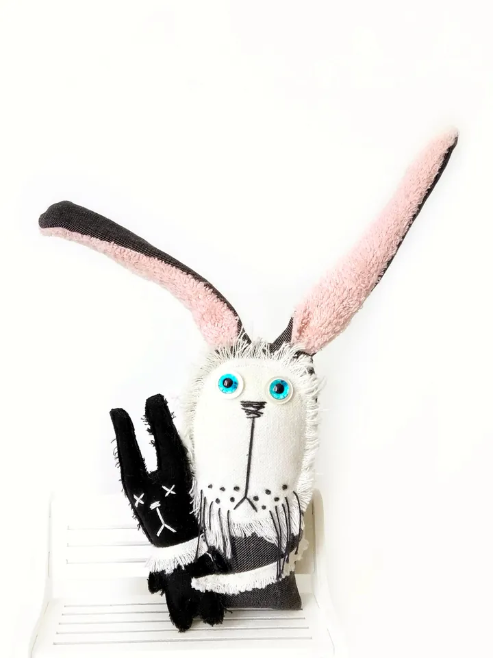 Handmade Funny and Unique Fabric Art Doll Bunnies: One-of-a-Kind Fun Delightful Interior Decor Toys with a Spooky Twist. FREE SHIPPING!