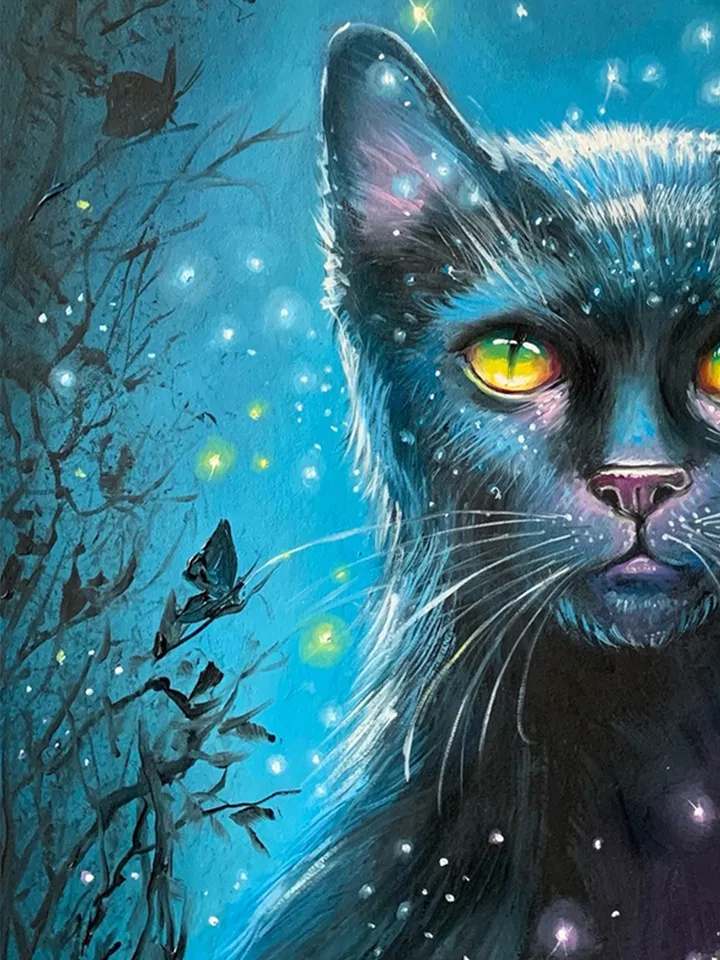 Black cat, oil painting on cardboard
