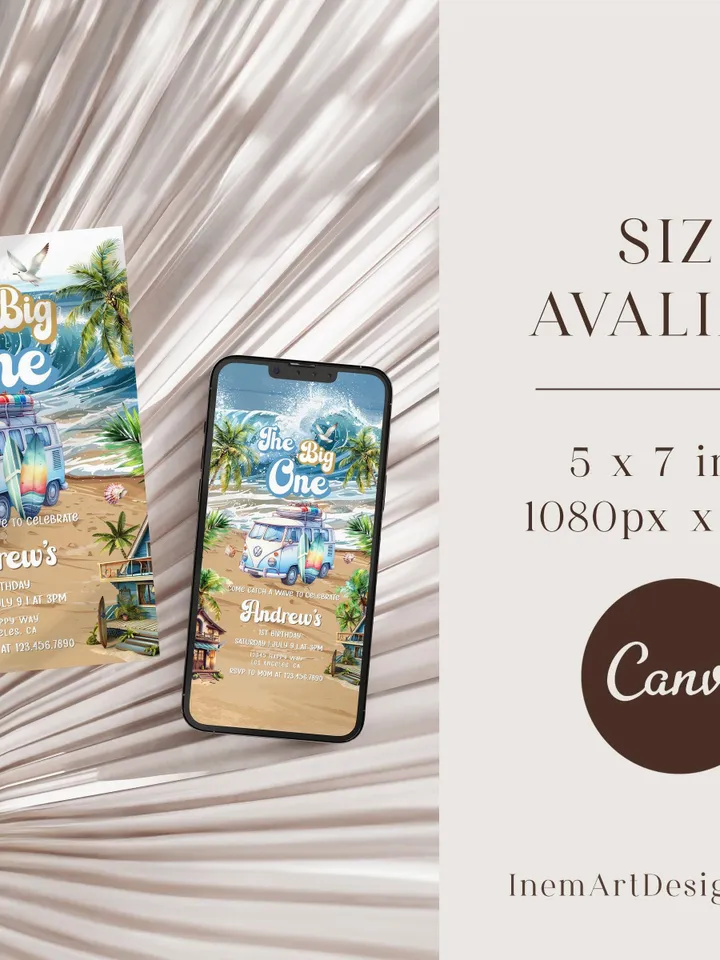 The Big One Surfing Invitation, Retro Boy Surf Surfboard, Editable Beach Pool Party Invite, Summer 1st Birthday, Printable Canva Template