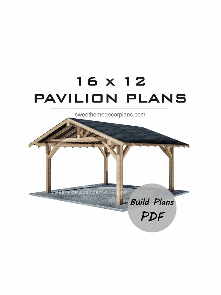 Diy 16 x 12 gable pavilion plans in pdf. Carport plans. Wooden outdoor covered gazebo plans. Diy backyard timber frame plans for outdoor. Garage plans