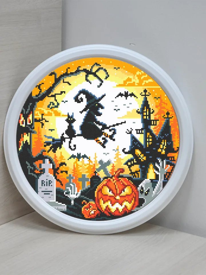 Halloween cross stitch pattern download PDF Halloween moon cross stitch chart Spooky cross stitch Cute Halloween witch Magic embroidery #H26