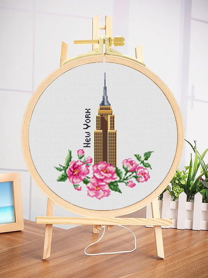 New York city cross stitch pattern download PDF Empire State Building digital Sakura flowers cross stitch chart United State pattern #E13