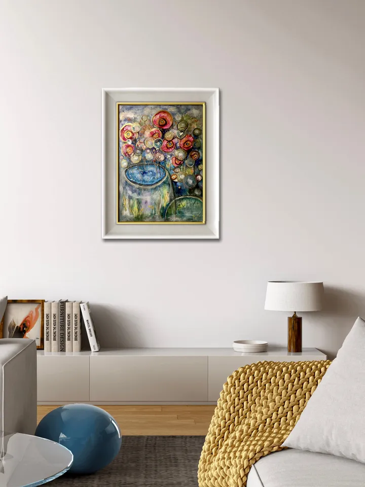 Foreign gardens-original watercolour mix media painting,fantasy flowers wall art,floral landscape,wall decoration,unique gift.
