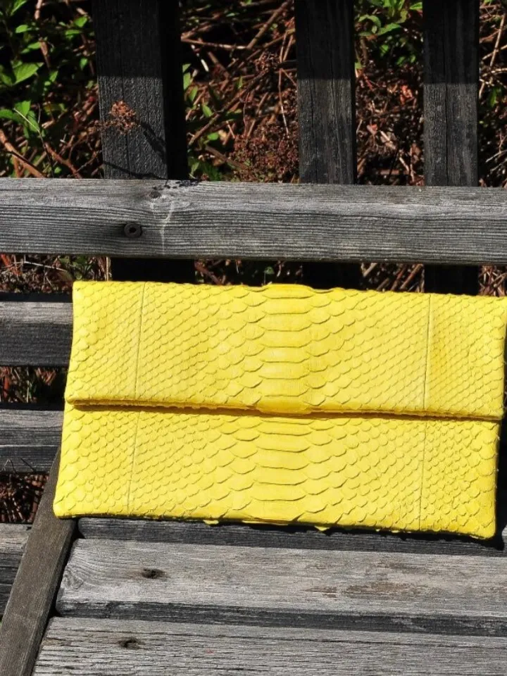 Genuine python skin yellow handmade clutch, classy elegant leather envelope bag, purse free shipping, flat snake leather clutch,small clutch