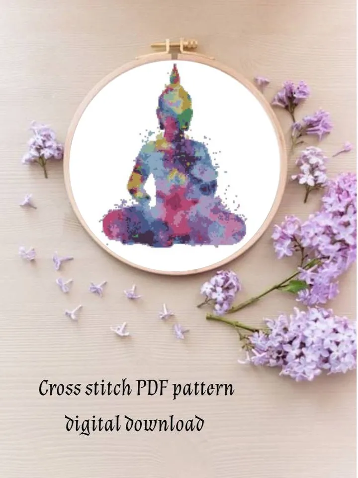 Colorful Buddha counted cross stitch PDF pattern, Instant download