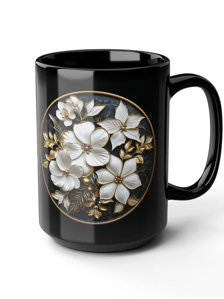 Elegant Floral Black Mug, 15oz | Perfect Gift for Tea Lovers, Home Decor, Wedding Favors, Mother's Day, Coffee Enthusiasts