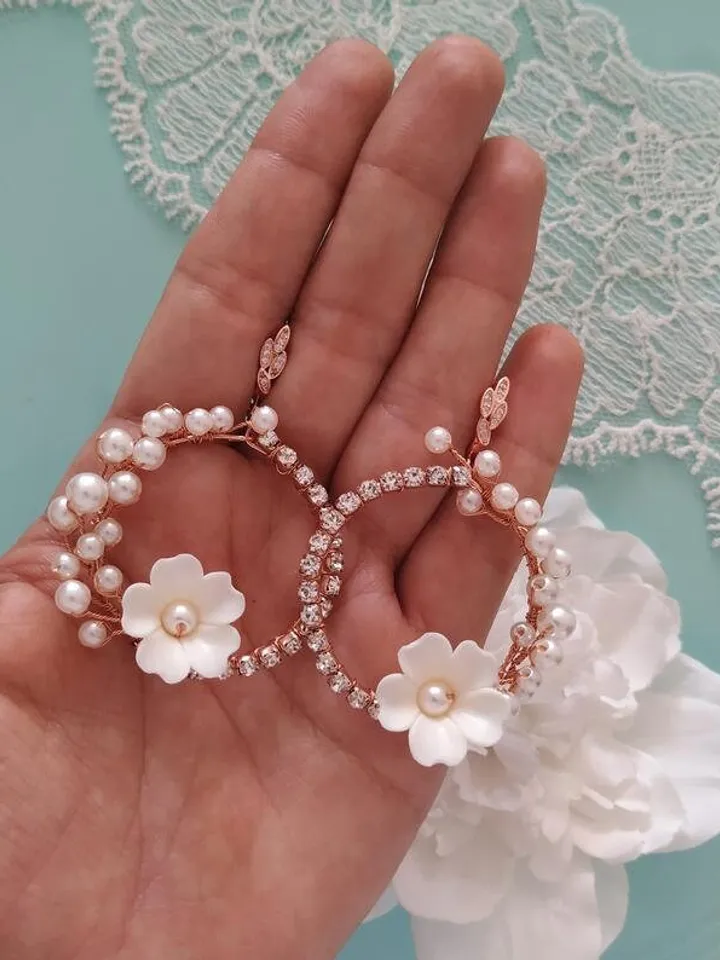 Rose Gold Hoop Floral Wedding Earrings, Porcelain Flower Bridal Earrings, Crystal Chandelier Statement Earriungs, Pearl Bridal Jewelry,