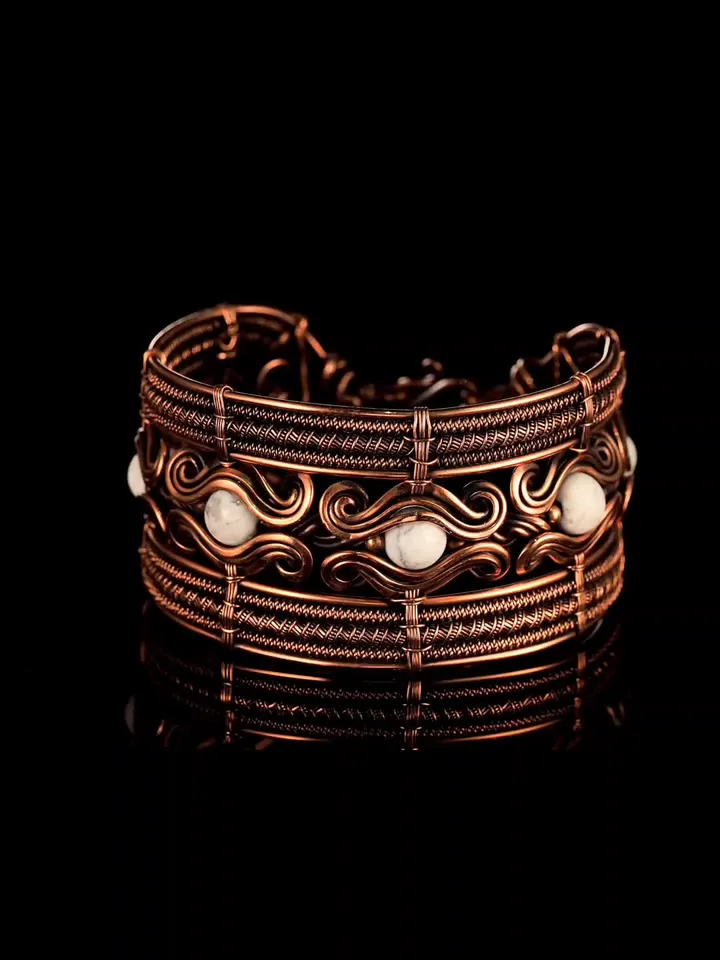 Copper wire wrapped cacholong bracelet Unique bangle 7th Wedding Anniversary