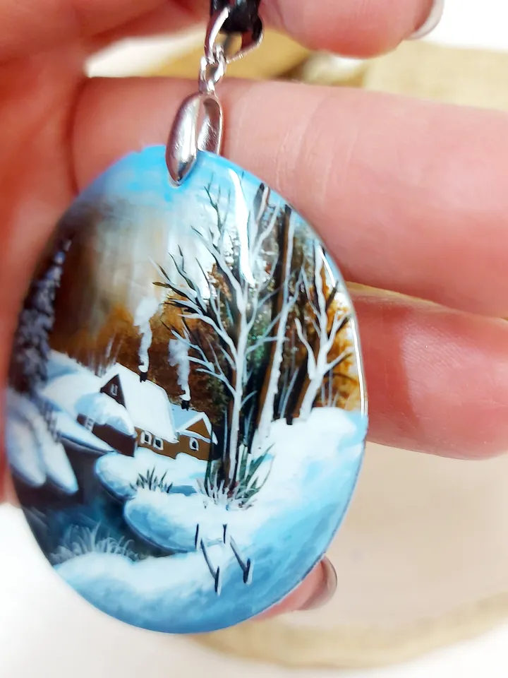 Nice Pendant Winter landscape. River. Mother-of-pearl Russian hand painting. Hand-painted necklace pendant. Hand painted miniature painting