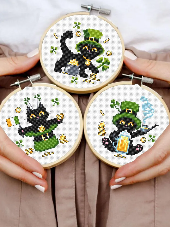 St Patrick day cat cross stitch pattern PDF download Cat holiday cards cross stitch chart, Black cat pattern digital PDF Cat lover gift #T40