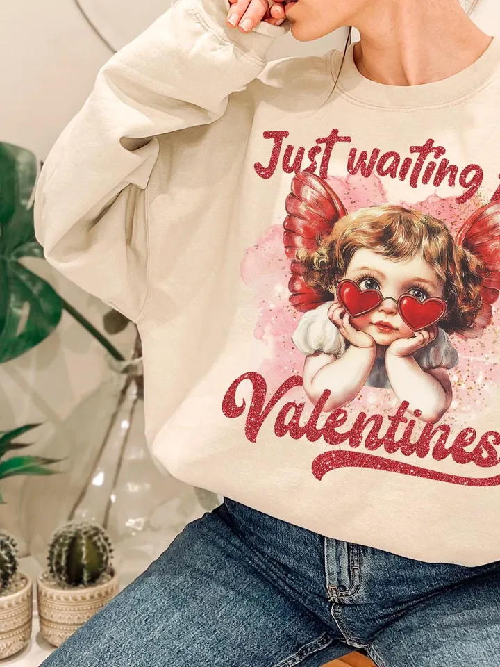 Just Waiting For Valentine's Png, Retro Valentine Shirt Design, Gold Glittered Cupid, Valentine's Day Png, Valentine Love Png Digital
