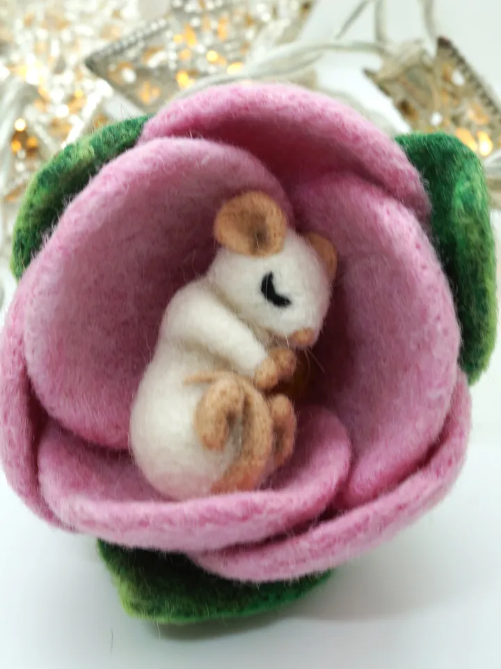 Miniature needle felted mouse sleeping in a pink flower, baby mouse, white mouse, made to order