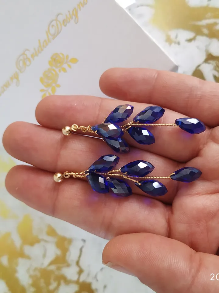 Gold Blue Drop Crystal Wedding Earring For Bride, Boho Bridal Earrings, Chandelier Statement Wedding Jewelry, Bridesmaid Gift, Jewellery