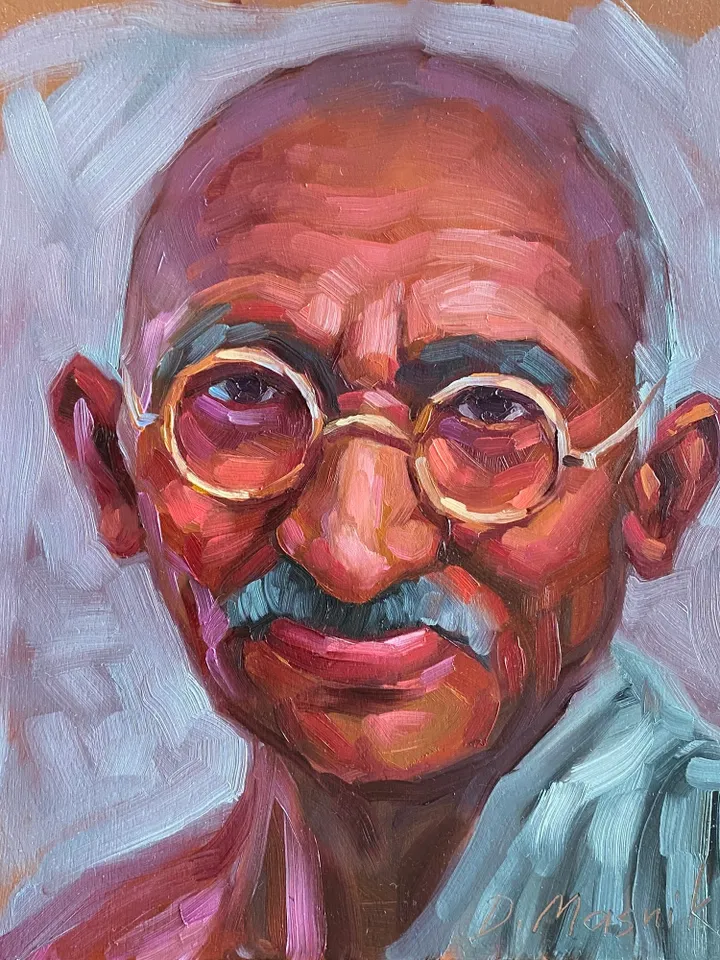 Mahatma Gandhi Painting Oid Man Portrait Artwork Oil On Panel Male Portrait