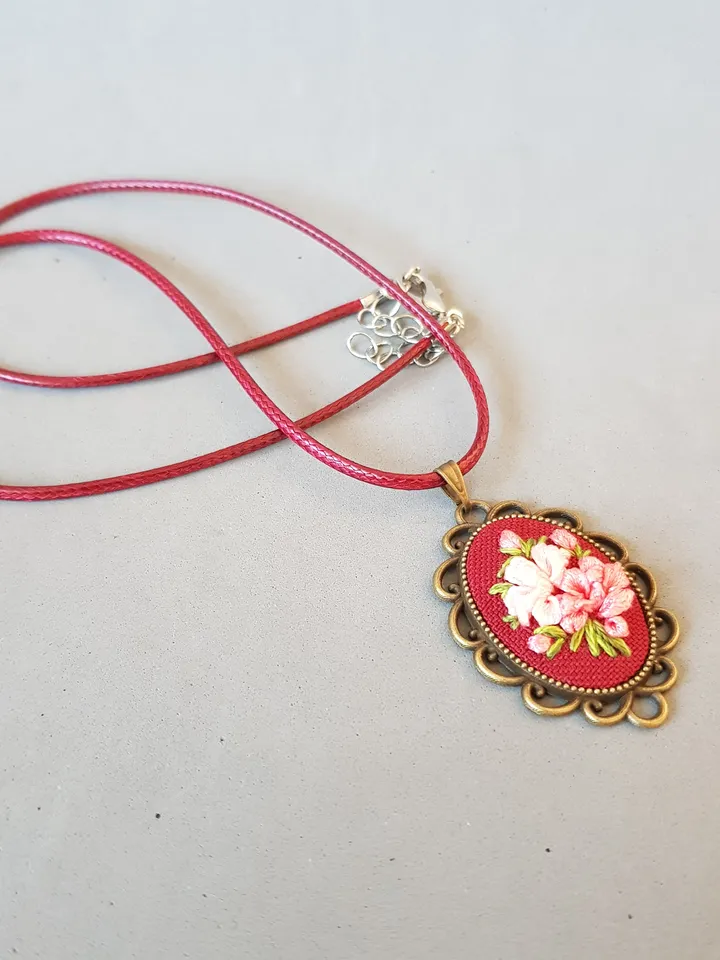 Handmade jewelry, Ribbon embroidered pendant for her