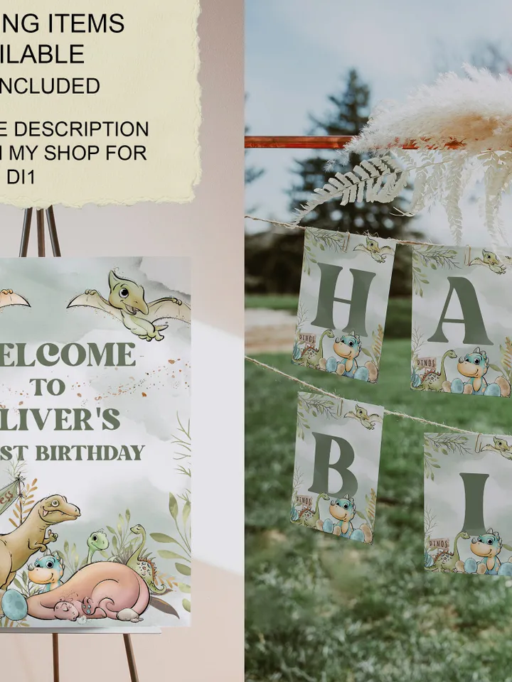 Editable Welcome banner Dinosaur First Birthday party banner; Dinosaur Party; Dino Party Birthday Template Instant Download; di1