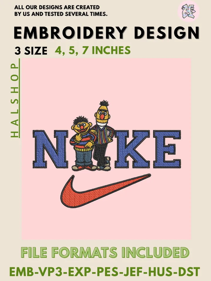 Ernie & Bert x Nike Machine Embroidery Design – Sesame Street Cartoon Digital Embroidery File 🧡💛