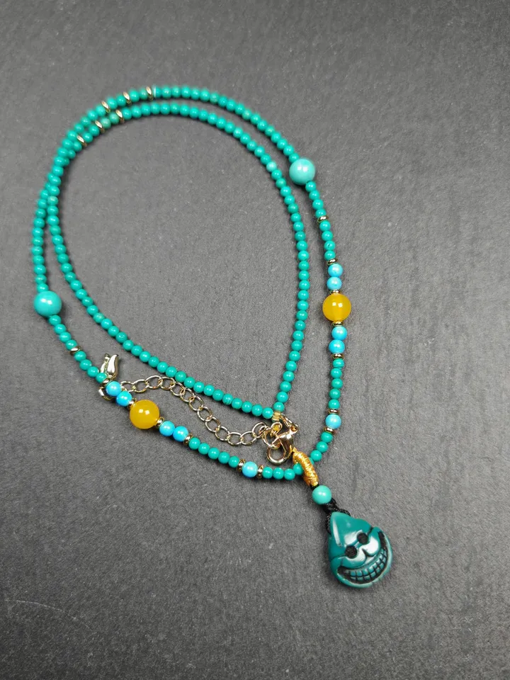 Authentic Turquoise Citipati Skull Protective Necklace,Gandhanra Tibetan Turquoise Amulet for Woman,23cm Length, Spiritual Gift