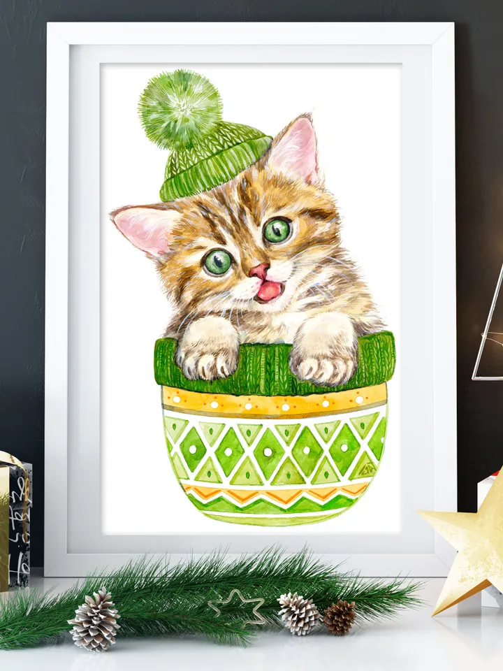 Cute red kitten with green eyes in a green knitting hat Art Print, Printable Download, Watercolor Print, Pet Animal, Wall Decor, Prints Wall Art, New Year, Merry Christmas