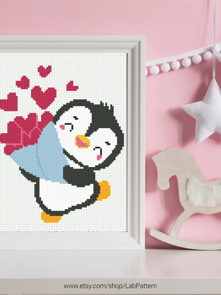 Funny Penguins Love Heart Bundle of 3 ornament nursery valentine's day cross stitch pattern counted chart gift DIY embroidery, instant PDF